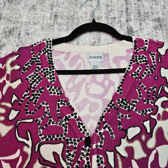 Chicos Cardigan Sweater Womens Size 1 Pink White Sequin Beaded Silk Blend V Neck - Picture 5 of 11